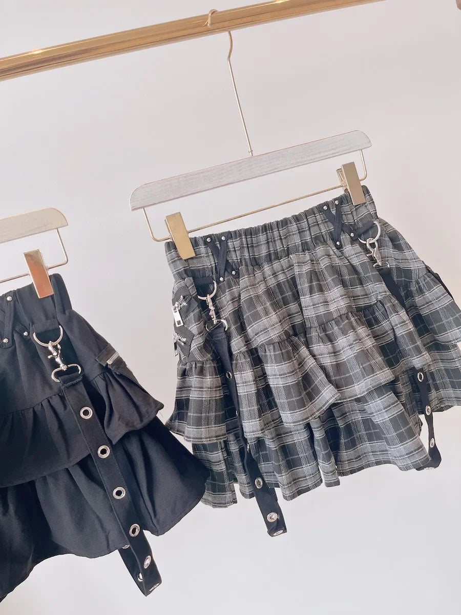 Japanese Style Mine Harajuku Punk Metal Buckle with Packet Decorative Ruffled Short Skirt Sweet Cool Girl Women's Plaid Skirt