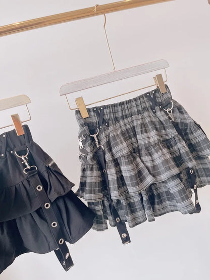 Japanese Style Mine Harajuku Punk Metal Buckle with Packet Decorative Ruffled Short Skirt Sweet Cool Girl Women's Plaid Skirt