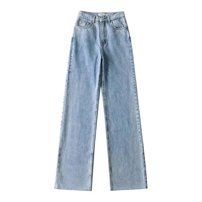 Classic Straight-Leg High-Waisted Denim Jeans with Raw Hem