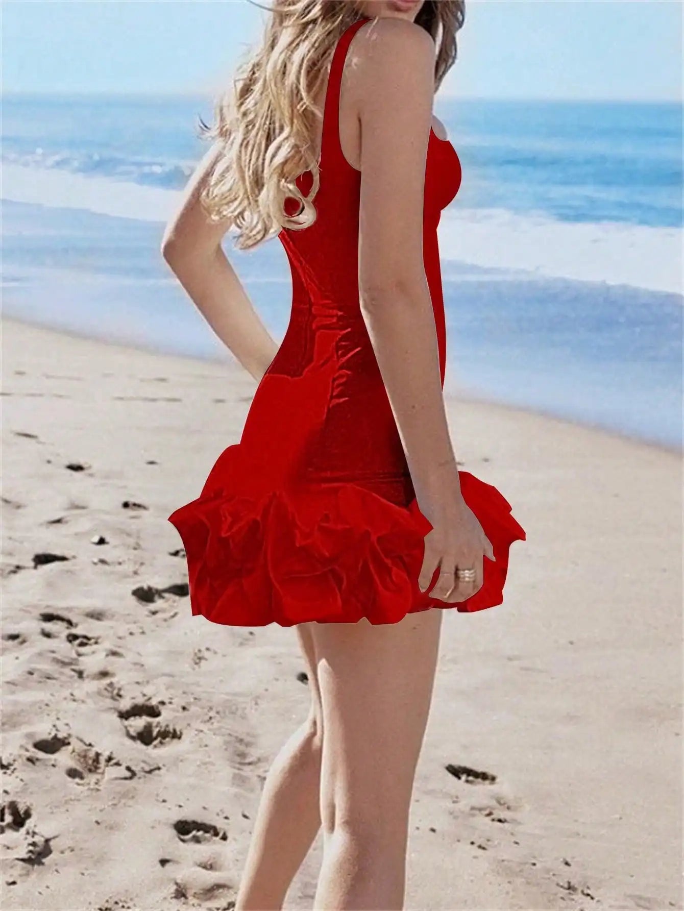 Women's Summer Bodycon Mini Dress with Spaghetti Straps Tight Mini Dress with Ruffled Hem Beach Party Dress
