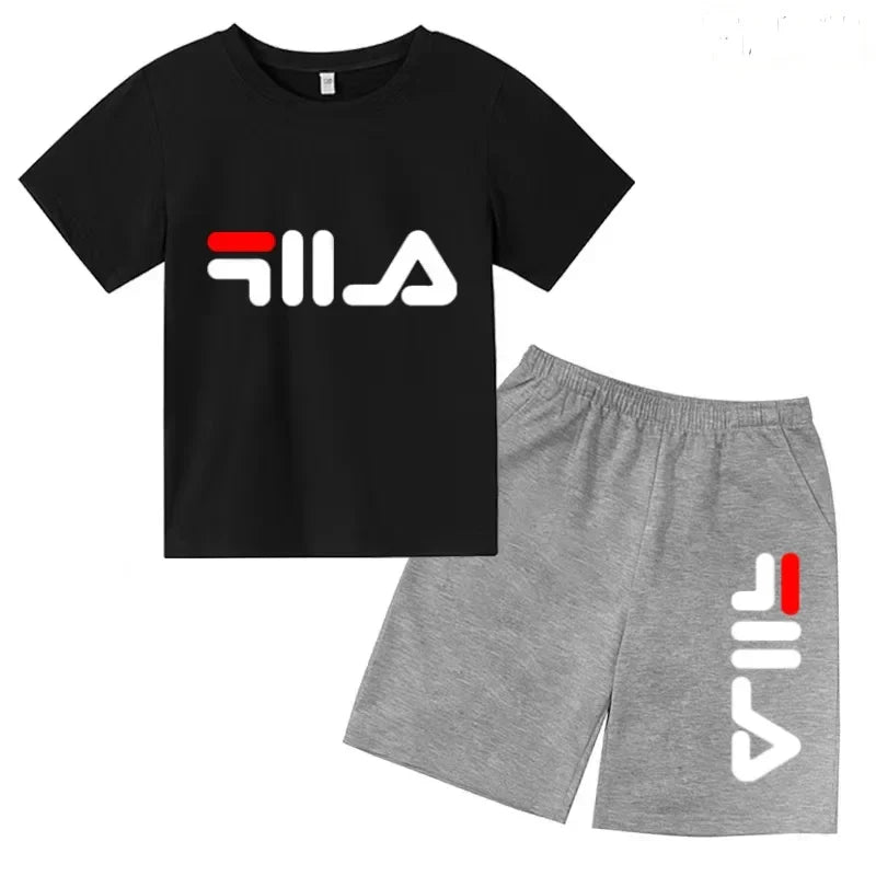 Kids Gift Sports Short-Sleeved Round Neck Black Letters Fashion White T-shirt+Shorts Summer Boy Girl Casual Outdoor Jogging Suit