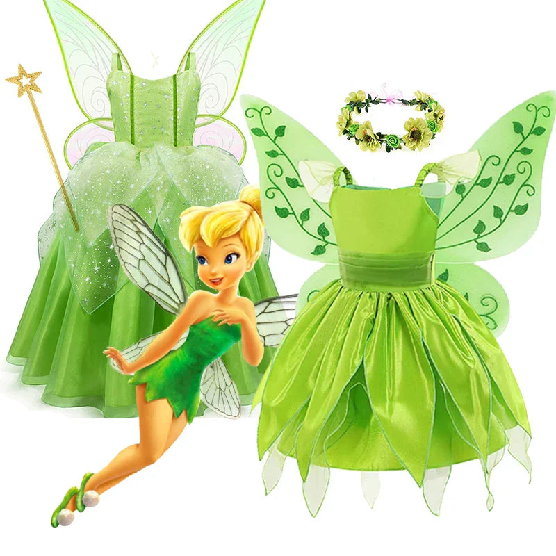 Disney Girls Cosplay Fada Tinker bell Vestido Crianças Princesa Fada das Flores Com Asas Fantasia Festa Tinkerbell Tinker Bell Vestido