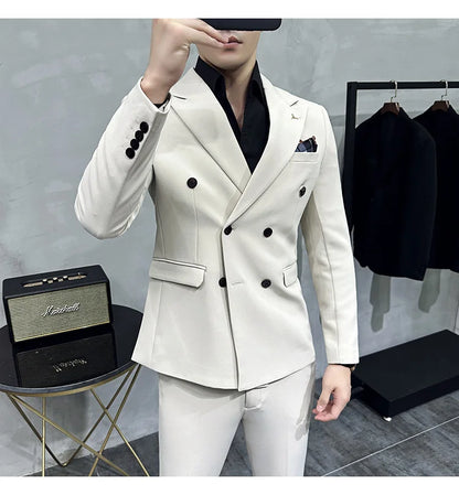 ( Blazers + Pants ) Boutique Fashion Solid Color Double-breasted Men's Casual Business Slim Suit 2-piece Set Groom Wedding Dress