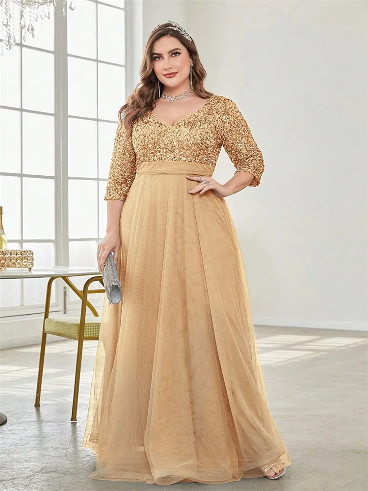 Plus Size Elegant V-neck Sequins Splicing Evening Dresses Luxury Women Wedding Party Prom Long Sleeve Cocktail Gowns