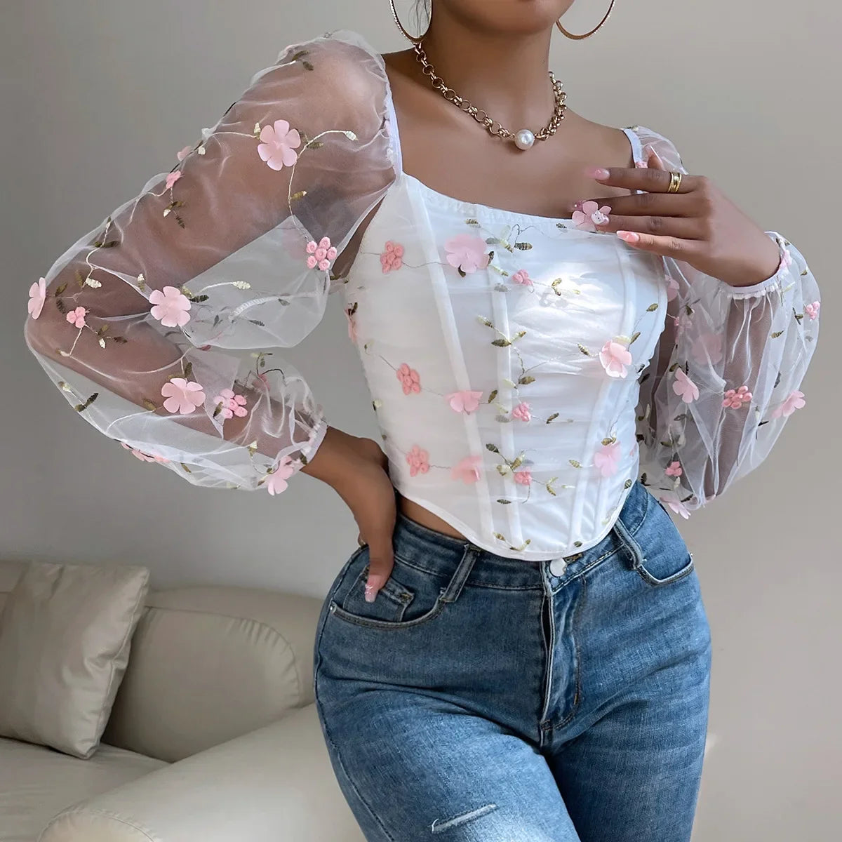 White Gauze Corset Bone Cropped Top Sexy Floral Backless Long Sleeve French Summer Women's Slim Bustier Tank Top