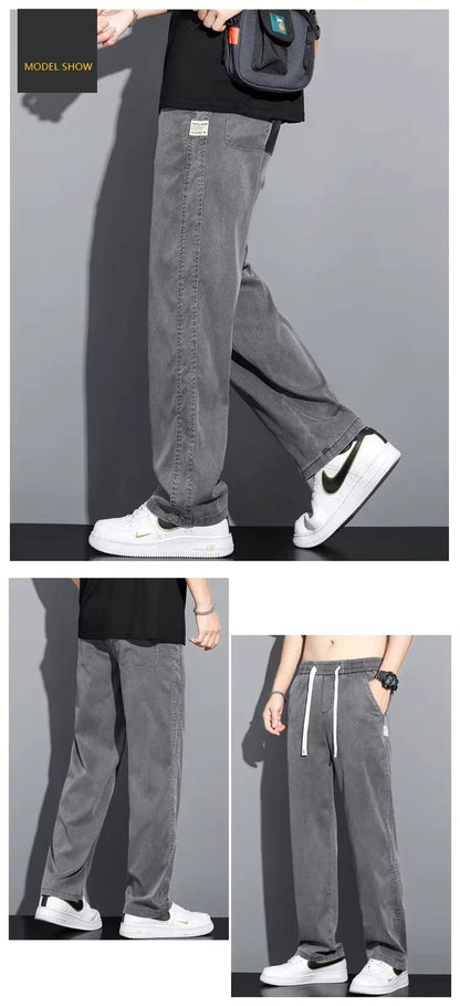 2025 New Summer Soft Lyocell Fabric Men's Jeans Thin Loose Straight Pants Drawstring Elastic Waist Korea Casual Trousers