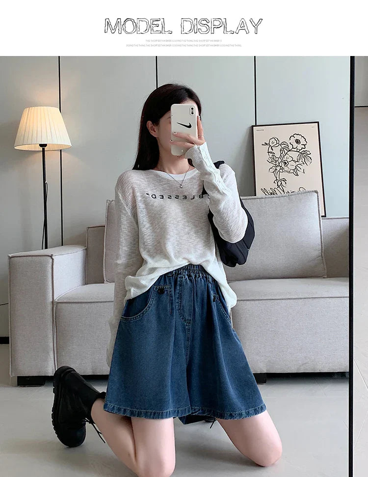 New 2024 Summer Plus Size Denim Shorts For Women High Elastic Wasit Wide Leg Loose Blue Jean Short Women Streetwear Half Jeans