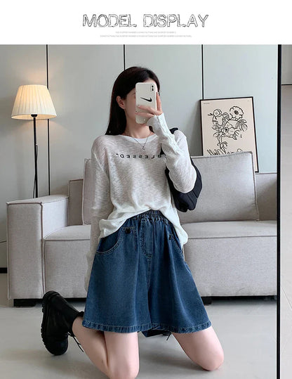 New 2024 Summer Plus Size Denim Shorts For Women High Elastic Wasit Wide Leg Loose Blue Jean Short Women Streetwear Half Jeans