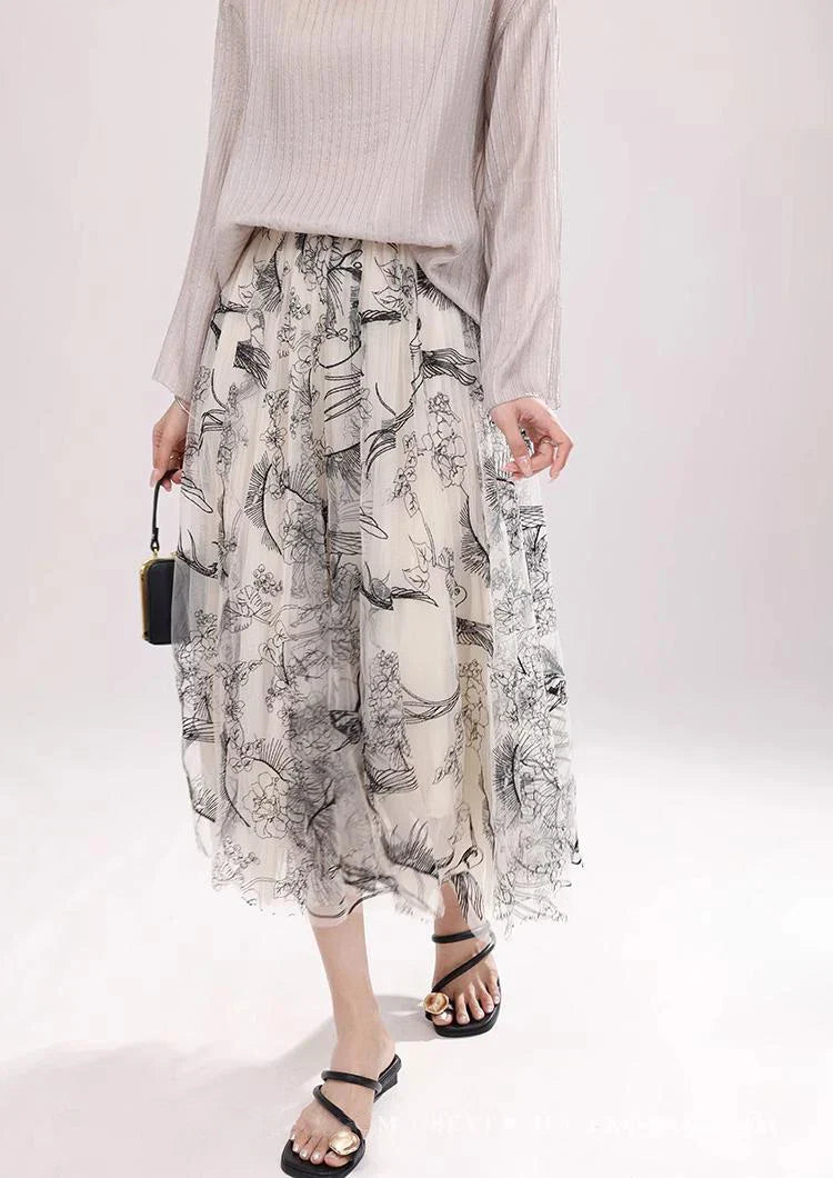 Women Flocking Flower Tulle Gauze Skirt Elegant Sweet Elastic Waist Midi Floral Mesh Skirt For All Season