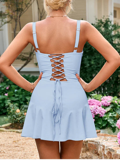Fashion Solid Mini Dress Sweet Adjustable Bandage Backless Slim Camis Dresses Elastic Zipper Robe Holiday Style Vestidos