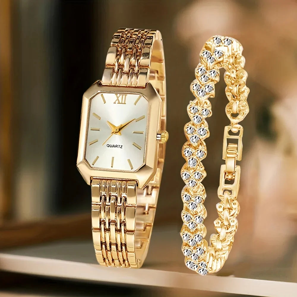 2PCS Fashion Rectangle Women Quartz Watch Rhinestone Bracelet Set Ladies Roma Dial Wristwatch Reloj Mujer Girls Clock Gift