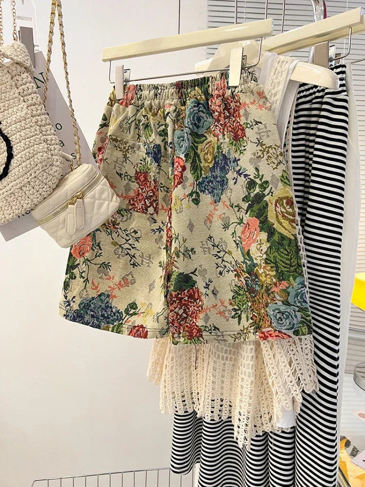 Plus Size 150kg Women's High Waist Shorts Jacquard Weave Artistic Aesthetics Wide Leg Short Y2k 2024 New Summer Cool Sport Short