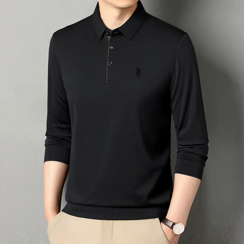 2025 Latest Autumn New Men's Long Sleeve Polo Shirt Middle Aged Business Comfortable Solid Color Men's Collar T-shirt