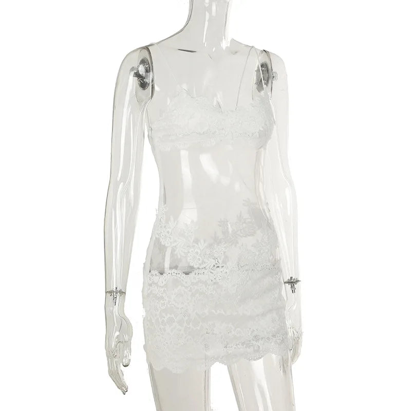 Lace Transparent Mini Dress Sexy Women Wrapping Spaghetti Embroidery Flower Sheath Nightwear Club Mesh Wave Fantacy