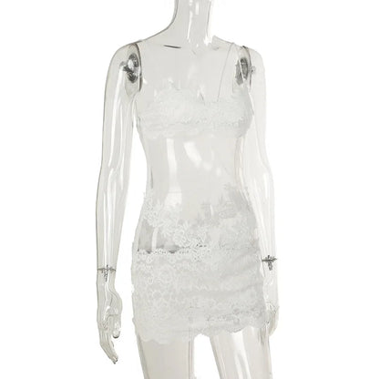 Lace Transparent Mini Dress Sexy Women Wrapping Spaghetti Embroidery Flower Sheath Nightwear Club Mesh Wave Fantacy