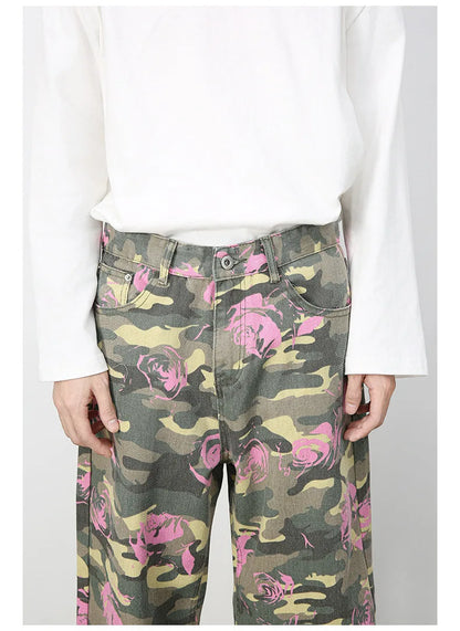 Tide Camouflage Jeans Men's Ins Loose Straight Wide Leg Casual Denim Pants Loose Male Trousers 12C2036