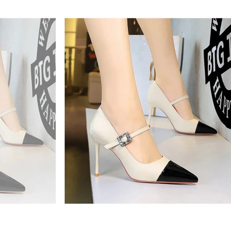 Banquet High Heels Thin Heels Light Mouth Color-Blocked Pointed Toe Rhinestones One-Strip Ultra High Heels Single Shoes Elegant