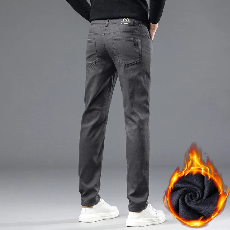 Winter New 2025 Fleece Pants Men's Thick Slim Elastic Business Casual Velvet Pants Warm Fashion Solid Color Plush Trousers Male
