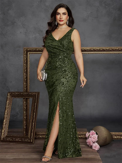 Plus Size Elegant V-back Slit Sequins Formal Evening Dresses 2026 Luxury Mermaid V-neck Cocktail Wedding Party Gowns