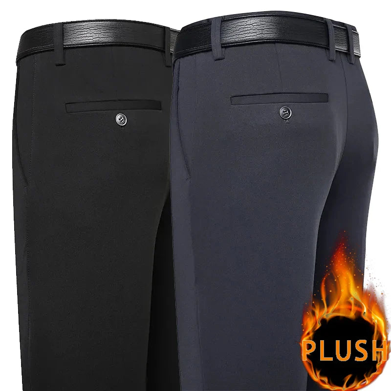 New Winter Plush Pants Mens Stretch Smart Casual Trousers Black Navy Blue Straight Loose Man Big Size Dress Suit Pants