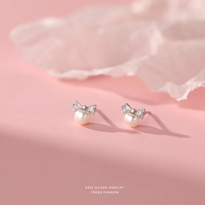 Korea Exquisite Vintage Zircon Pearl Bow Sweet Stud Earrings for Women 925 Sterling Silver Jewelry