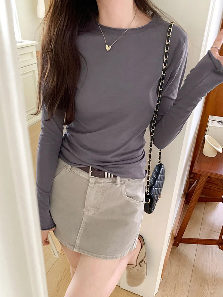 2024 Spring Autumn T shirt Women Tops Solid Slim Fit Long Sleeve O Neck Tshirts Female Casual Streetwear High Quality Base Tees