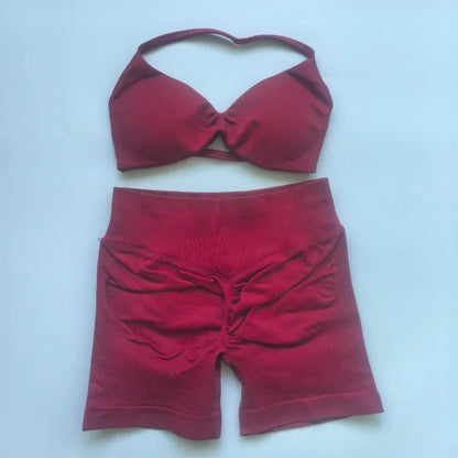 NO LOGO 2PCS Gym Set Women Strappy Yoga Bra Top High Waist Workout Scrunch Shorts Sports Suit Seamless Yoga Set Fitness Clothes