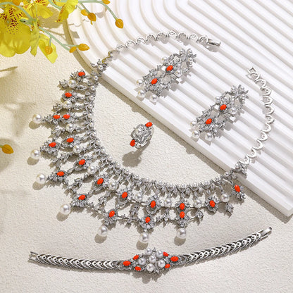 2024 New Pearl Jewelry Sets For Women Wedding Party Accessories Luxury CZ Dubai African 4-piece Bridal Jewelry Set
