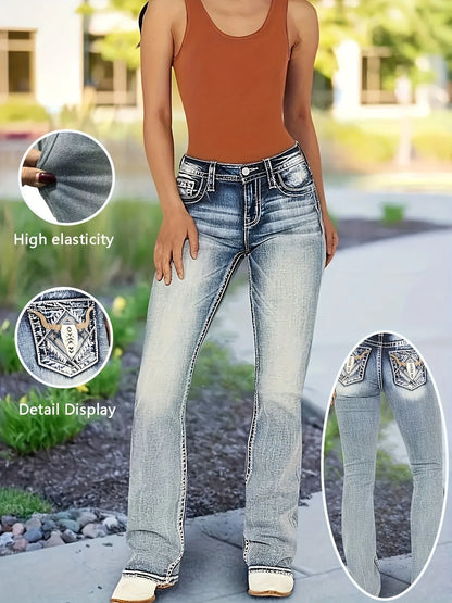 Women's jeans with cow head embroidery, vintage style, versatile and comfortable in all seasons, washed blue flared jeans
