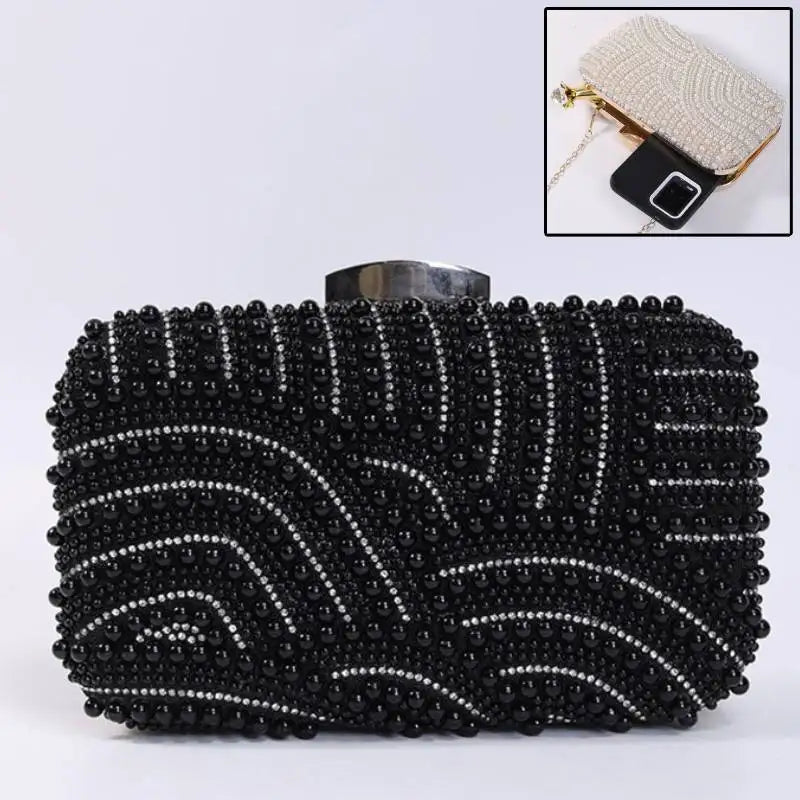 Ladies Pearl Elegant Evening Bag Fashionable Stylish Beading Wedding Dinner Party Banquet  Dress Clutch Bag with Long Chain