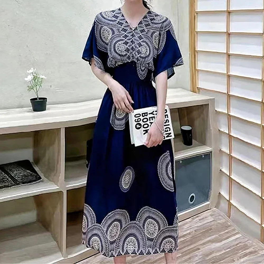 Flower V-neck Elastic Youthful Bohemian Sweet Midi Dress Woman Clothes Chic Fashion Summer Dresses 2025 Large Swing Ski