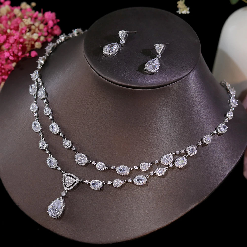 White Transparent Two-layer Water Drop 2PCS Crystal Necklace and Earring Zircon Jewelry Sets Wedding Party Bridal Accessories