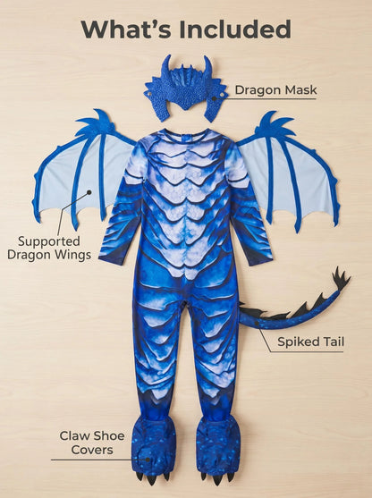 The Frost Blue Dragon Knight Jumpsuit for Kids, Halloween Carnival Theme Party Costume with Wing Tail Mask