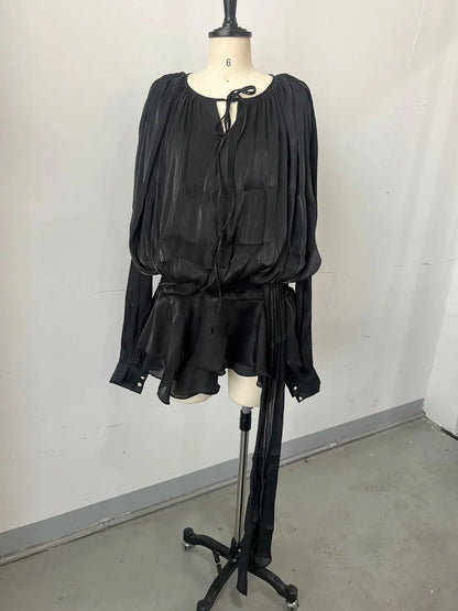 Elegant Ruched Mini Dress For Women Round Neck Lantern Long Sleeve High Waist Temperament Dresses Female Fashion 2025 CLOTHING