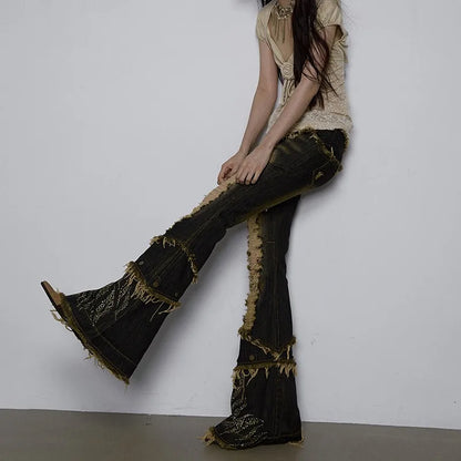 Women Japanese Vintage Tassel Low Rise Flare Denim Pants