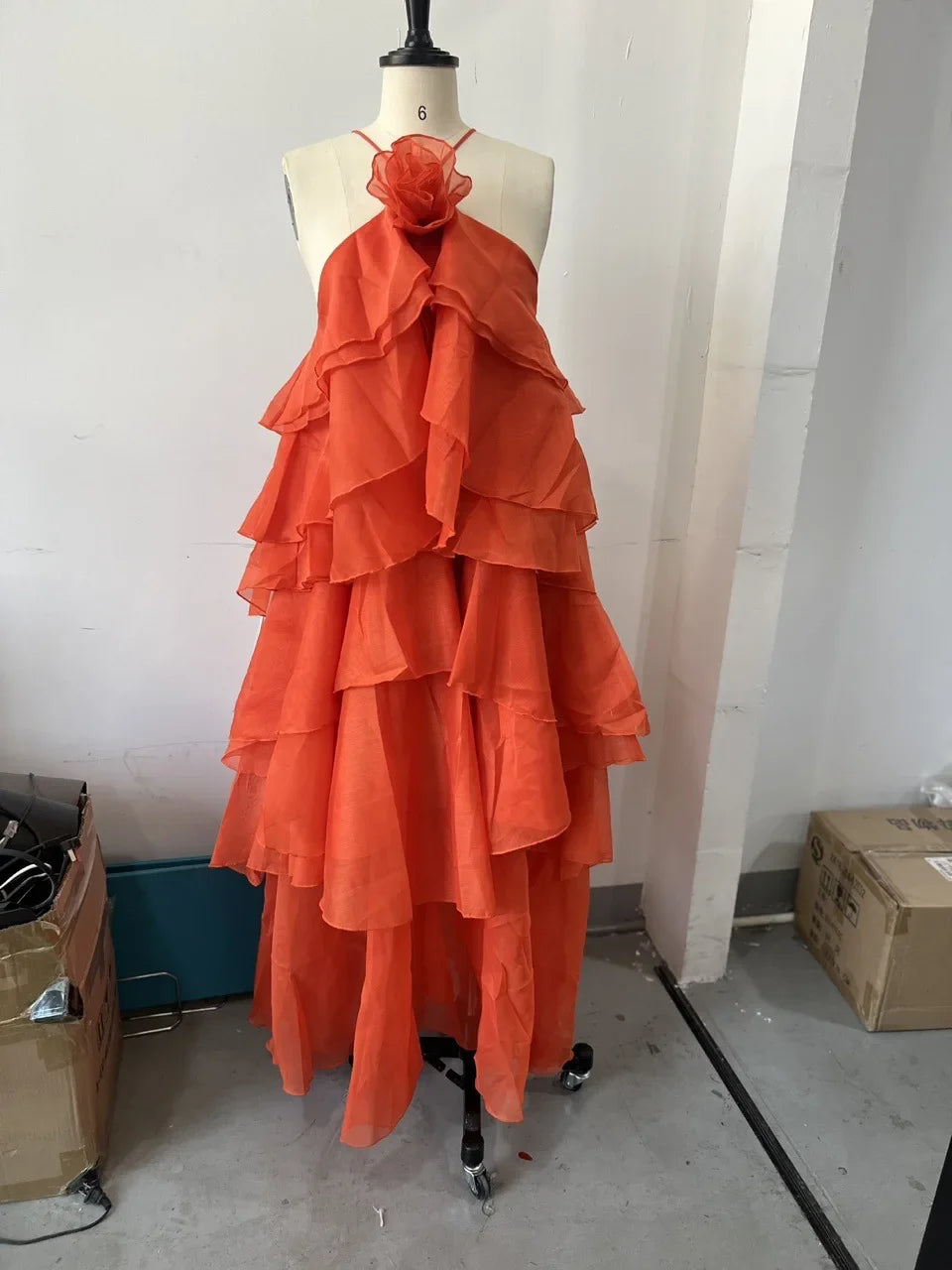 3d Floral Maxi Dress Loose Pleated Hem Halter Robes Sleeveless Ruffles Edge Party Vestidos Lady Summer Gown Clothes