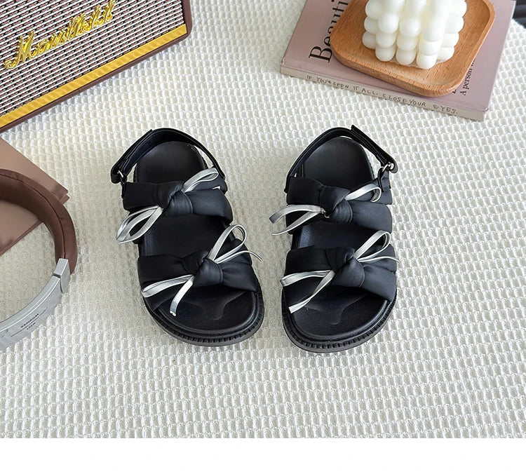 2026 Summer Girls Princess Sandals with Double Bow-knots Soft Fashion Classic Kids Summer Beach Shoes Open Toes Sweet Anti-skid
