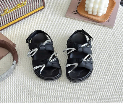 2026 Summer Girls Princess Sandals with Double Bow-knots Soft Fashion Classic Kids Summer Beach Shoes Open Toes Sweet Anti-skid