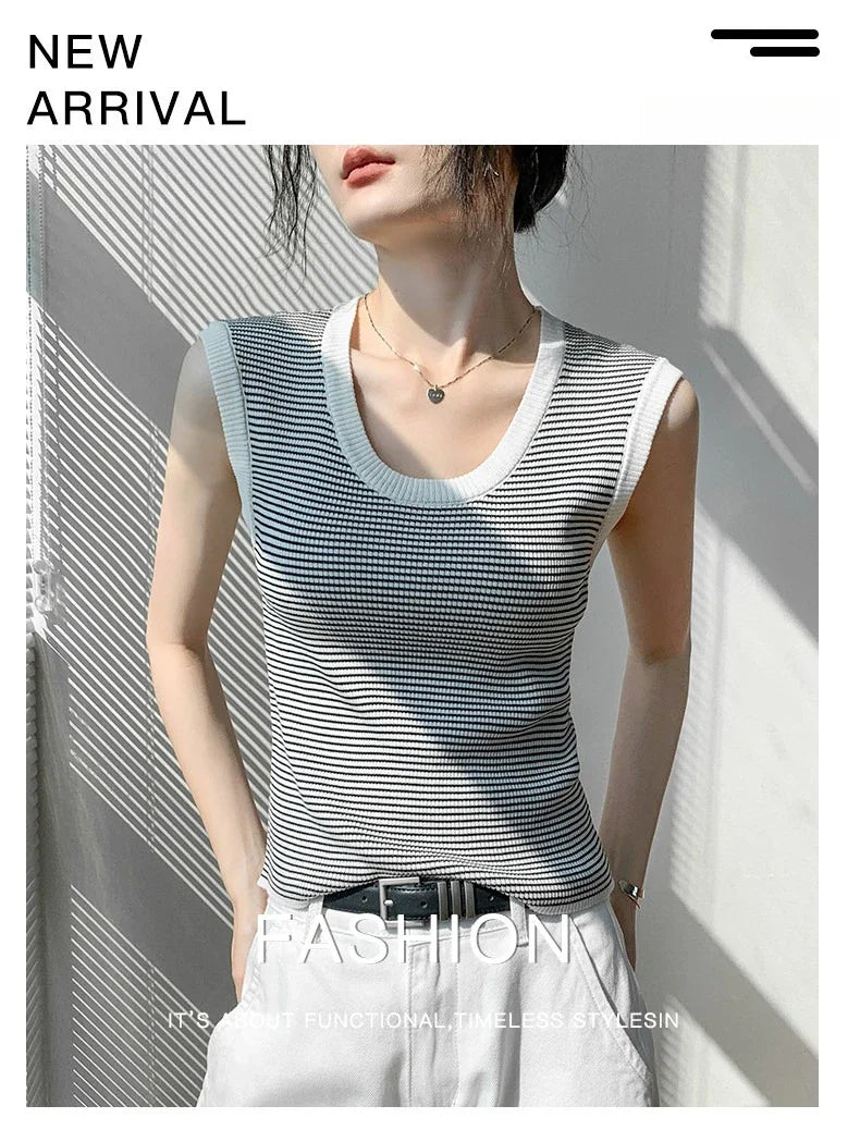 2026 Spring Summer O-Neck Striped Vest Top Simple Slim Fit Sleeveless Casual Versatile Women's Tank Top