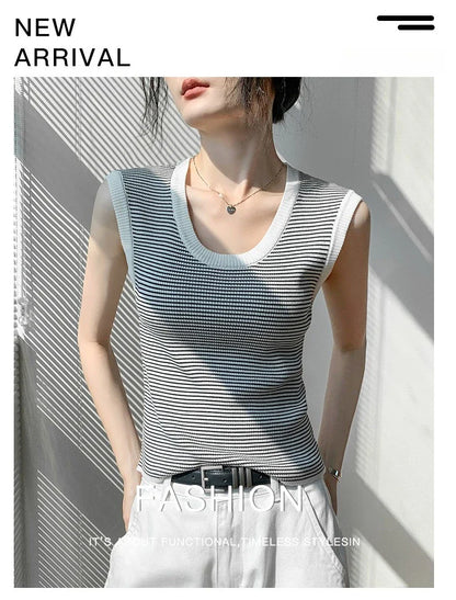 2026 Spring Summer O-Neck Striped Vest Top Simple Slim Fit Sleeveless Casual Versatile Women's Tank Top