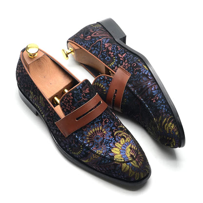 European Classic Men's Wedding Dress Shoes Soft Suede Leather with Flower Pattern Penny Loafers Banquet Party Formal Shoes Man