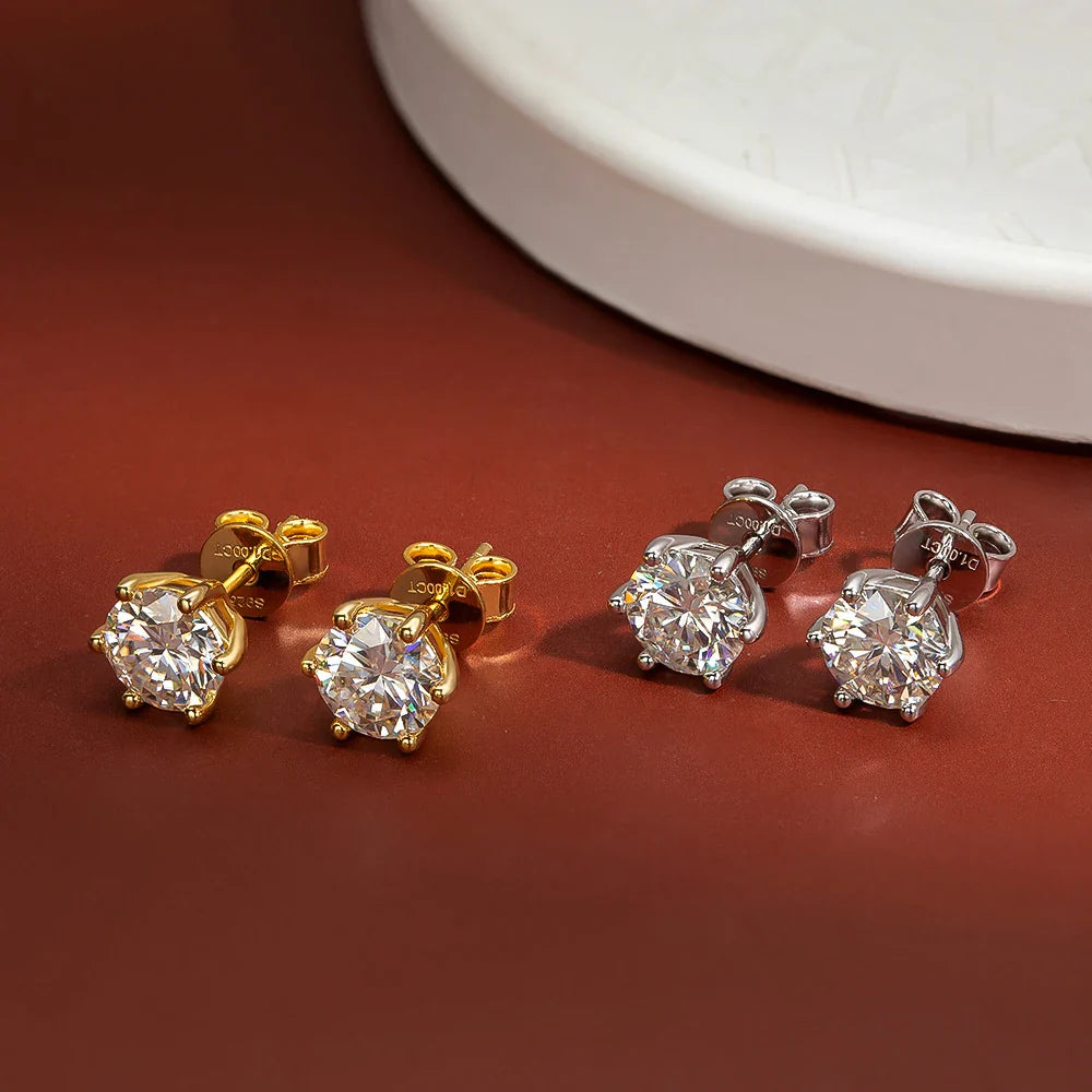 2 Carat Classic Moissanite Stud Earrings 925 Sterling Silver For Women 6-Claw D Color Sparkling Diamond Round Ear StudsCertified