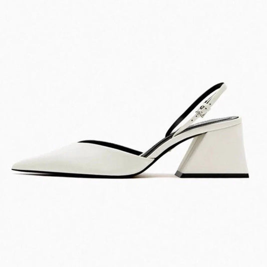 Sexy White Pointed Toe Chunky Heel Pumps Women Luxury Back Strap Buckle Designer Shoe Elegant Commuting Office Shoe Talons Femme