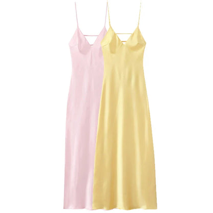Yellow Dresses Women Satin V Neck Midi Dress Summer Backless Strap Slip Dresses Elegant Evening Party Dress 2025 Vestidos