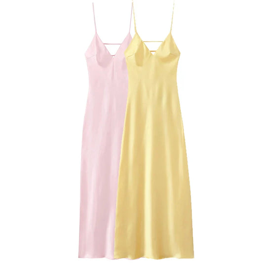 Yellow Dresses Women Satin V Neck Midi Dress Summer Backless Strap Slip Dresses Elegant Evening Party Dress 2025 Vestidos