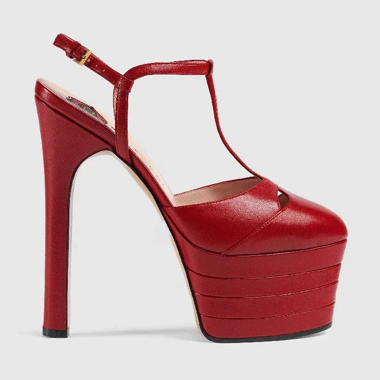 2026 Women's Round Head Sandals Thin Heels 5cm Thick Bottom Slope Heel Fish Mouth Rivet Sandal T-Platform Sandals Size34-43