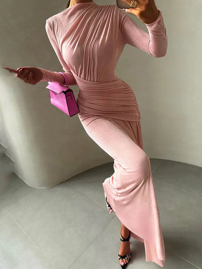 Folds Maxi Dress Women o-Neck Full Sleeve Solid Banquet Elegant Vacation Fashion Autumn Skinny Casual Simple Vestidos