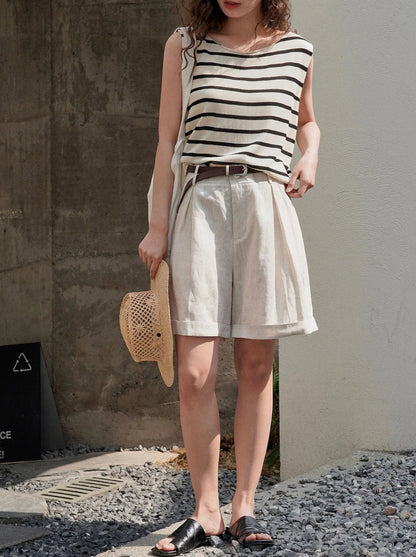 Summer Korea Style Lazy Linen Curled Bermuda Shorts Wide Leg Loose Slim Casual Hot Pants For Women
