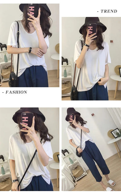 1pcs Girls Summer Solid T-shirts Women Classic Basic Fashion Tees Students Short Sleeve Loose Tops Female V Neck Comfort Tshirts