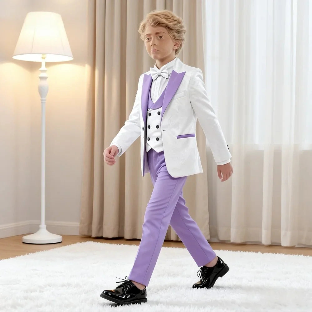 Premium Jacquard Boy's 3PCS Suit Best Selling Light Purple Classic Outfit For Boys Suitable For Ring Boys Campus Includes Blazer
